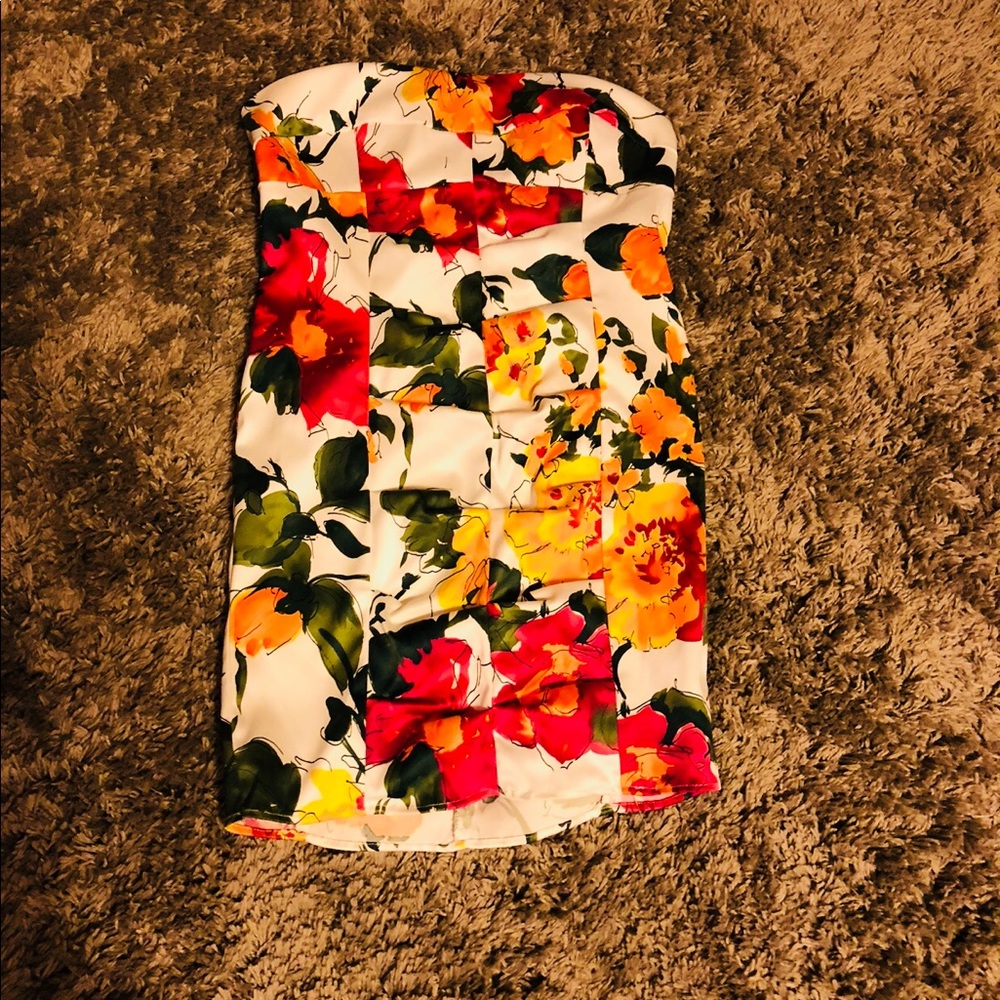 strapless floral mini dress